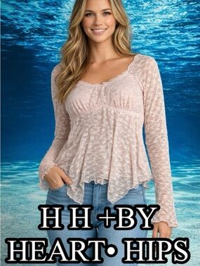 ☀️H + H by Heart Hips Women’s Lace Long Sleeve Blouse Pink Flowy Boho Top